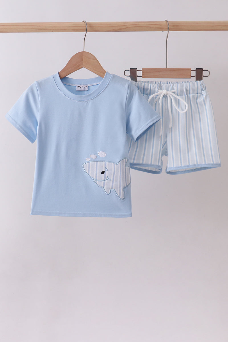 Blue Shark Applique Shorts Set