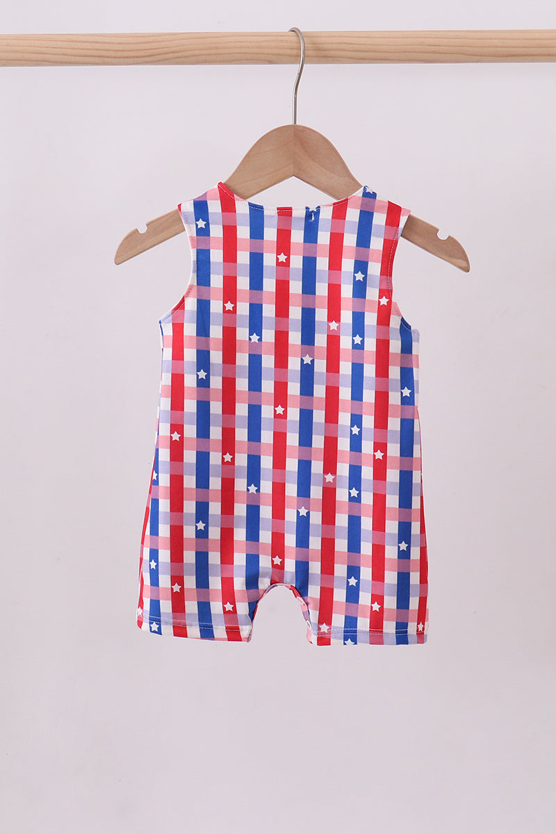 Puppy Embroidered Ruffle JonJon (R/W/B Plaid)