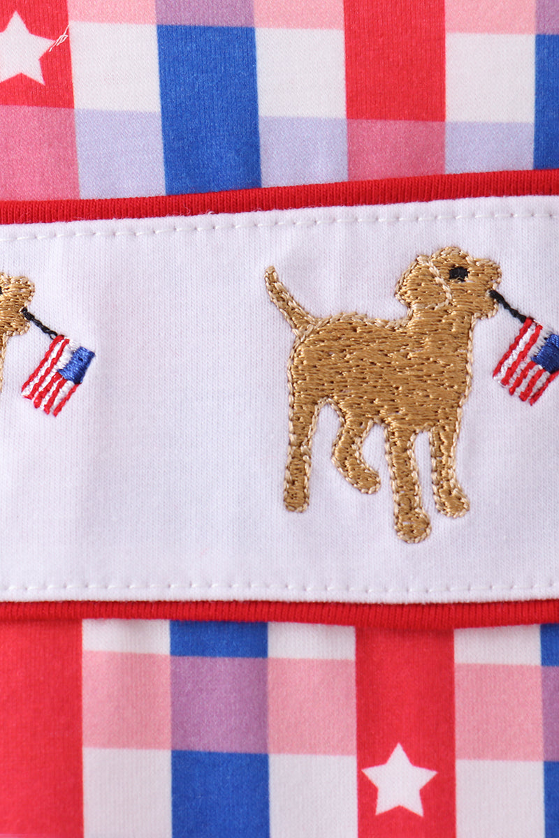 Puppy Embroidered Ruffle JonJon (R/W/B Plaid)