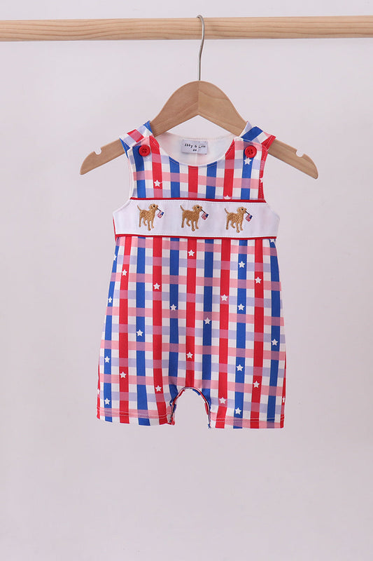Puppy Embroidered Ruffle JonJon (R/W/B Plaid)